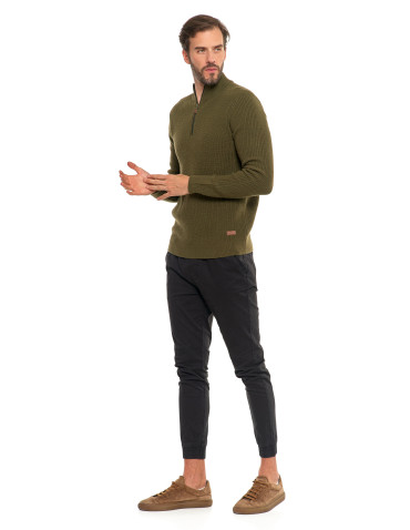 Swetry - Sweter męski klasyczny zapinany ze stójką KHAKI - produkt 9