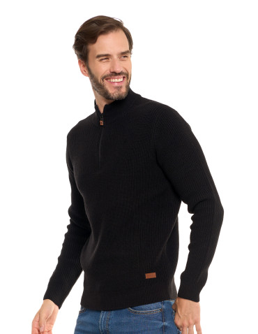 Swetry - Sweter męski klasyczny zapinany ze stójką CZARNY - produkt 5
