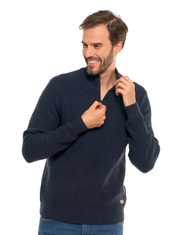 Swetry - Sweter męski klasyczny zapinany ze stójką GRANATOWY - produkt 4
