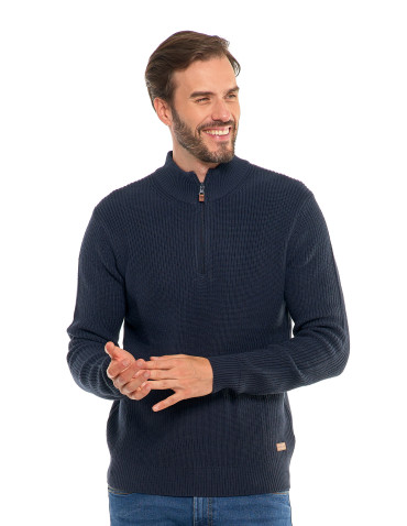 Swetry - Sweter męski klasyczny zapinany ze stójką GRANATOWY - produkt 5