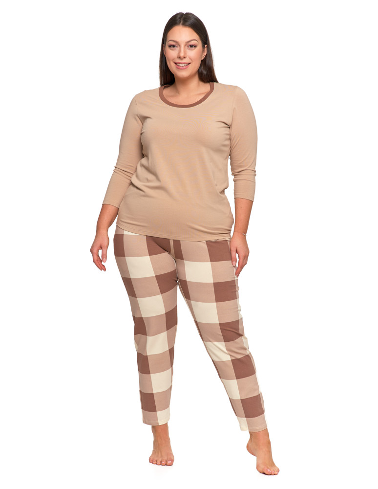 Długi rękaw - Piżama damska Plus Size z rękawem 3/4 i prostymi spodniami BEŻOWY - produkt moraj.pl 1