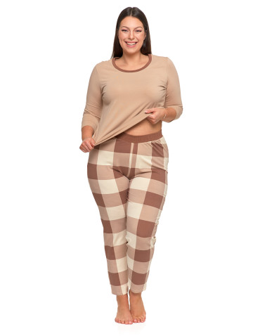 Długi rękaw - Piżama damska Plus Size z rękawem 3/4 i prostymi spodniami BEŻOWY - produkt 2