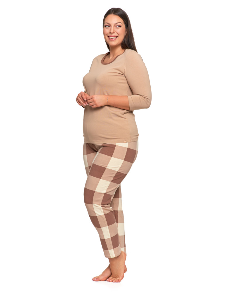 Długi rękaw - Piżama damska Plus Size z rękawem 3/4 i prostymi spodniami BEŻOWY - produkt moraj.pl 6