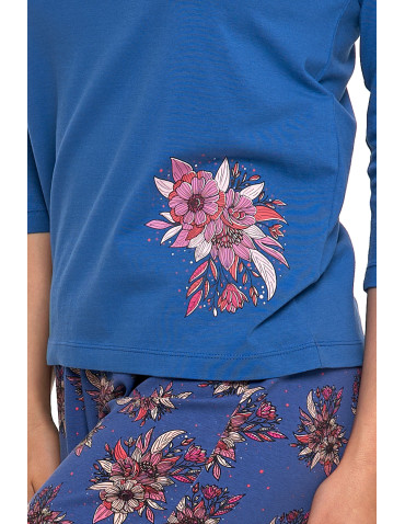Długi rękaw - Piżama damska z rękawem 3/4 kwiatowy wzór Plus Size GRANATOWY - produkt 5