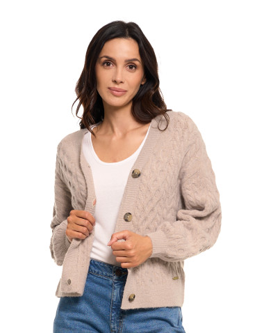 Swetry - Kardigan damski sweter z plecionym wzorem i guzikami BEŻOWY - produkt 1