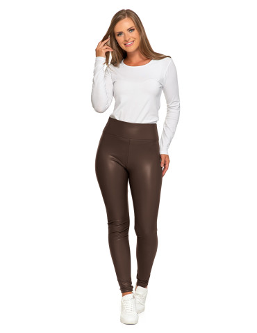 Legginsy - Damskie legginsy z eko skóry z wysokim stanem BRĄZOWY - produkt 1