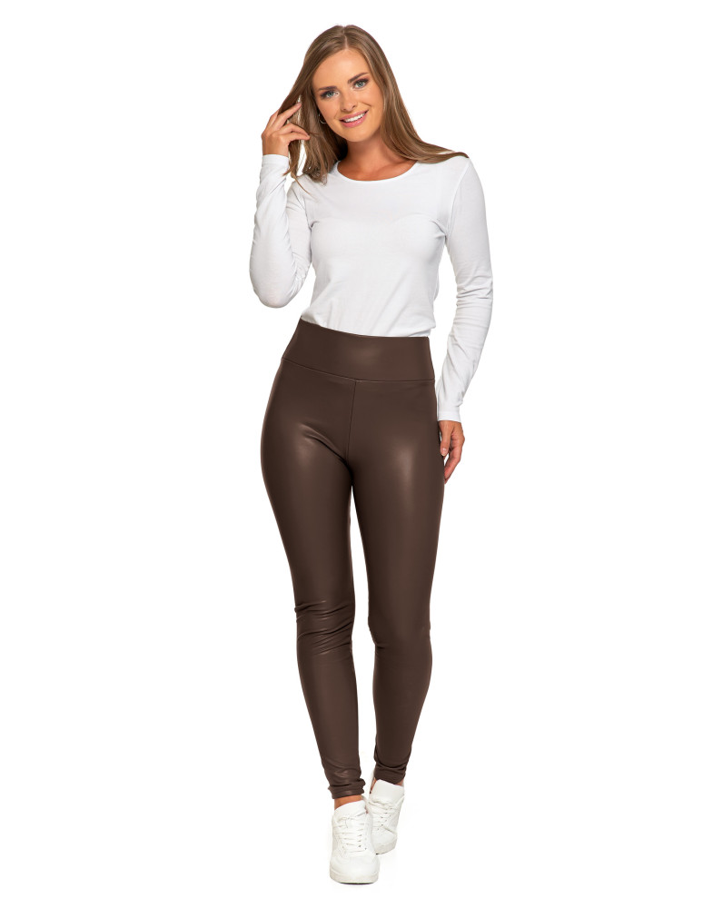 Legginsy - Damskie legginsy z eko skóry z wysokim stanem BRĄZOWY - produkt moraj.pl 1