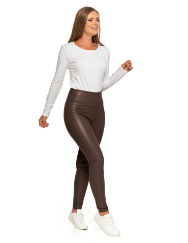 Legginsy - Damskie legginsy z eko skóry z wysokim stanem BRĄZOWY - produkt 7