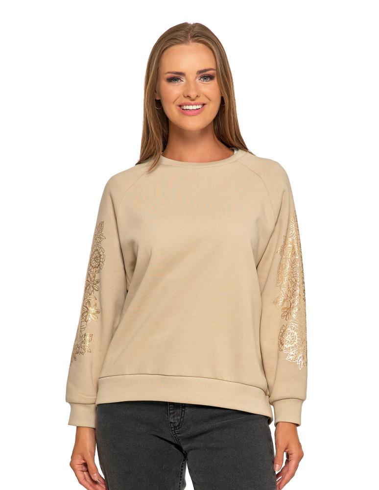 Bluzy - Bluza damska ocpielana ze złotym kwiatowym nadrukiem BEŻOWY - produkt moraj.pl 1