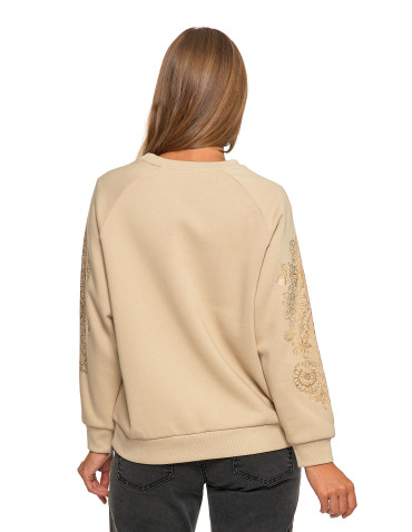 Bluzy - Bluza damska ocpielana ze złotym kwiatowym nadrukiem BEŻOWY - produkt 2