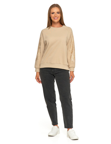 Bluzy - Bluza damska ocpielana ze złotym kwiatowym nadrukiem BEŻOWY - produkt 5