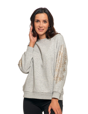 Bluzy - Bluza damska ocpielana ze złotym kwiatowym nadrukiem JASNY SZARY - produkt 1