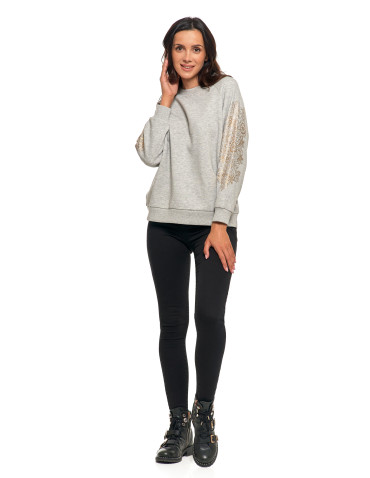 Bluzy - Bluza damska ocpielana ze złotym kwiatowym nadrukiem JASNY SZARY - produkt 5