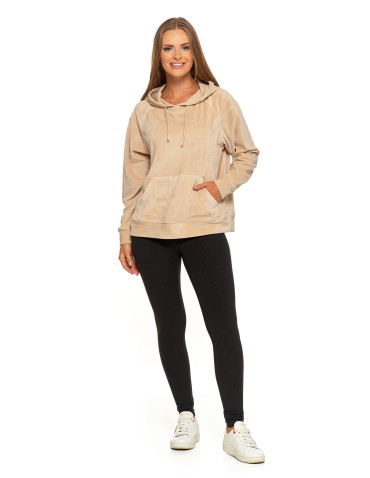 Bluzy - Damska welurowa bluza z kapturem BEŻOWY - produkt 11