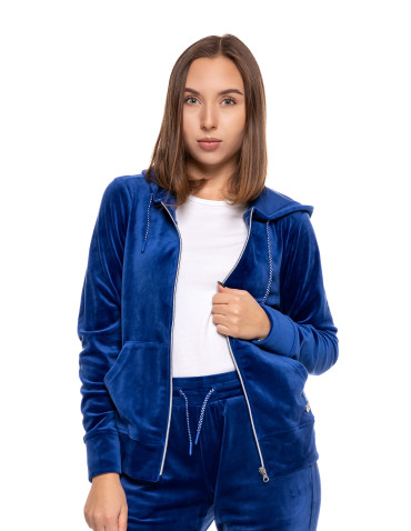 Bluzy - Welurowa bluza damska rozpinana z kapturem NIEBIESKI - produkt 7