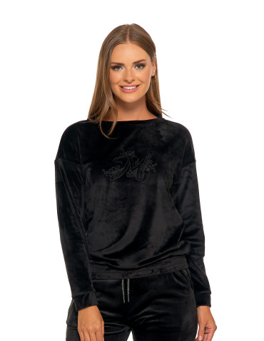 Bluzy - Welurowa bluza damska z haftem bez kaptura CZARNY - produkt 1