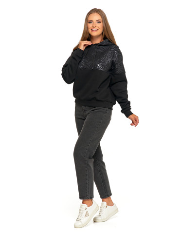 Bluzy - Damska bluza z kapturem ocieplana z motywem graficznym CZARNY - produkt 11