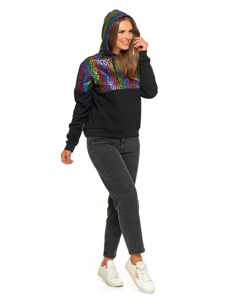 Bluzy - Damska bluza z kapturem ocieplana z motywem graficznym WIELOKOLOROWY - produkt moraj.pl 9
