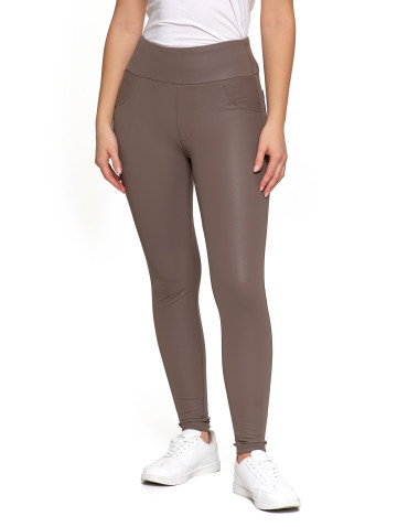 Legginsy - Damskie legginsy z wysokim stanem w stylu skórzanym BEŻOWY - produkt 1