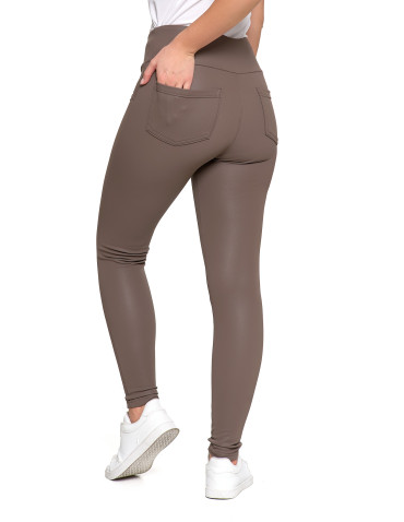 Legginsy - Damskie legginsy z wysokim stanem w stylu skórzanym BEŻOWY - produkt 2