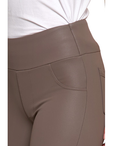 Legginsy - Damskie legginsy z wysokim stanem w stylu skórzanym BEŻOWY - produkt 3