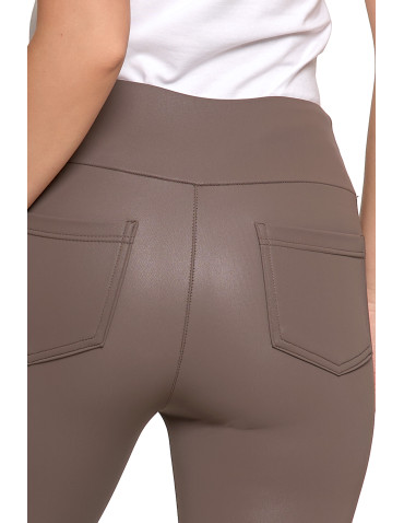 Legginsy - Damskie legginsy z wysokim stanem w stylu skórzanym BEŻOWY - produkt 4