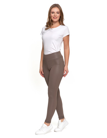 Legginsy - Damskie legginsy z wysokim stanem w stylu skórzanym BEŻOWY - produkt 8
