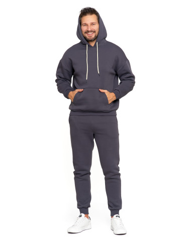 Bluzy - Męska bluza dresowana oversize z kapturem ocieplana GRAFIT - produkt 9