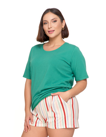 Krótki rękaw - Piżama damska bawełniana Plus Size krótka pastelowe paski ZIELONY - produkt 2